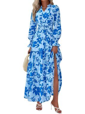 PrettyGarden Women's Floral Light Blue Sleeve Neck A Line Flowy Maxi Long Dress